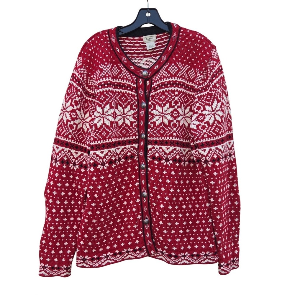 Vintage L.L.Bean Nordic Fair Isle Red Cotton Cardigan Sweater Large Investment